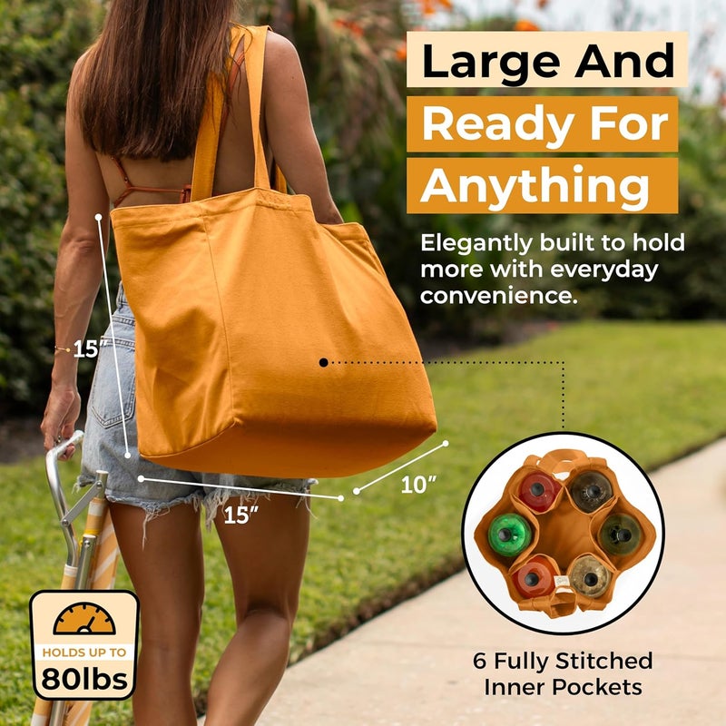 VeraMia Canvas Grocery Bag 3pc XL Set with Real Pockets, Long Shoulder Strap and Short Handle. Heavy Duty, Foldable, Washable - Image 4